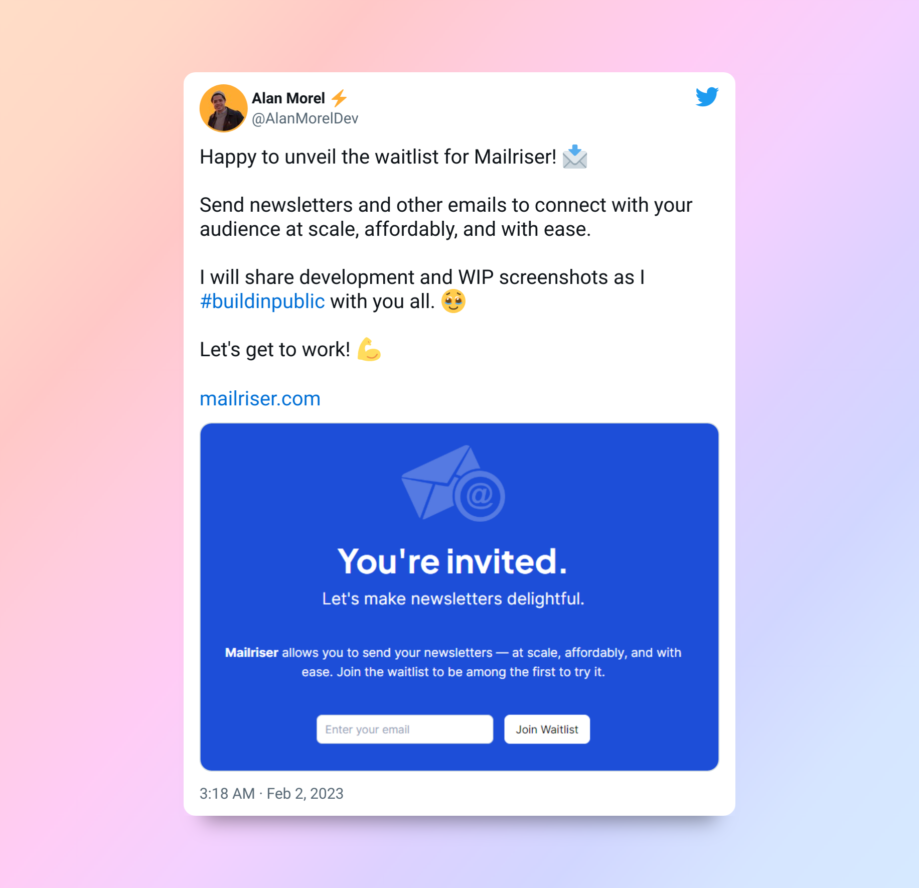 Tweet announcing Mailriser wait-list launch