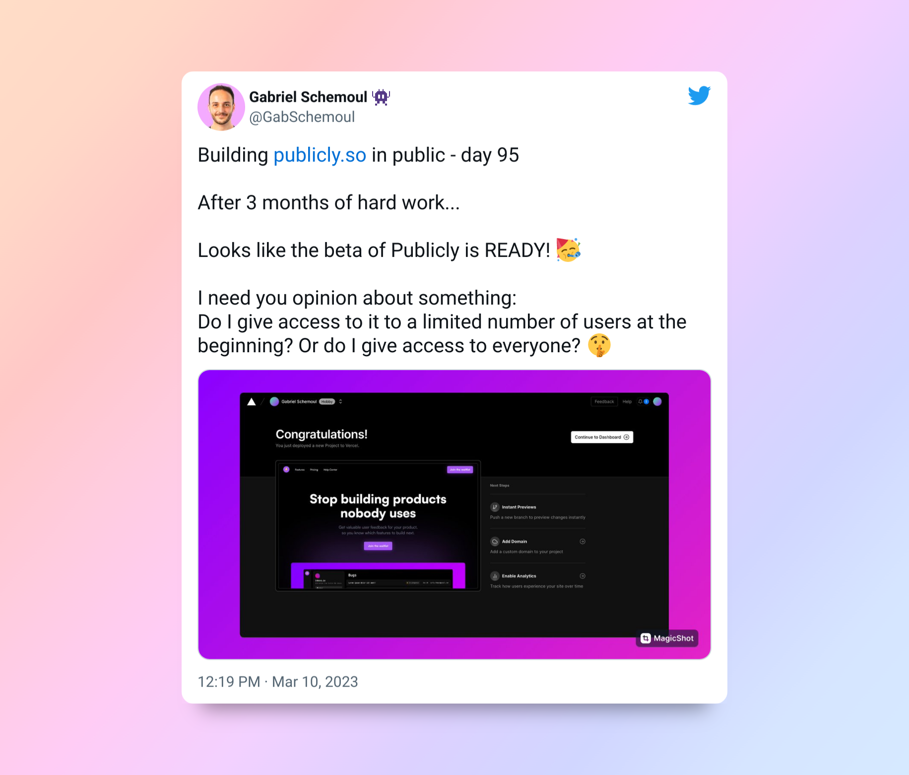 Tweet announcing Publicly Beta